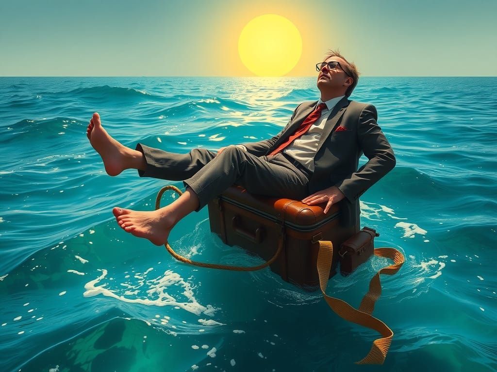 Disheveled Businessman Adrift in Turquoise Ocean