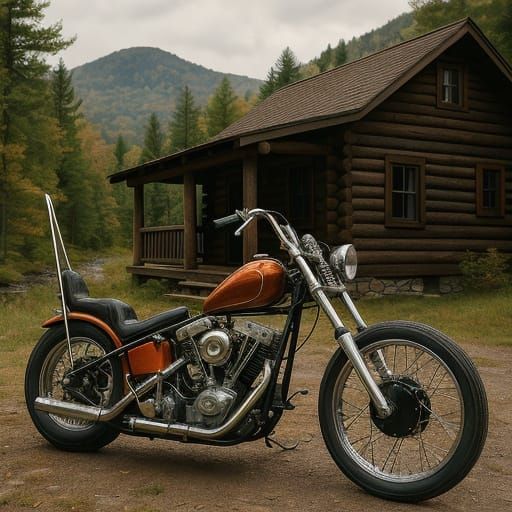 Chopper Motorcycle Parked by Mountain Cabin as Oil Painting