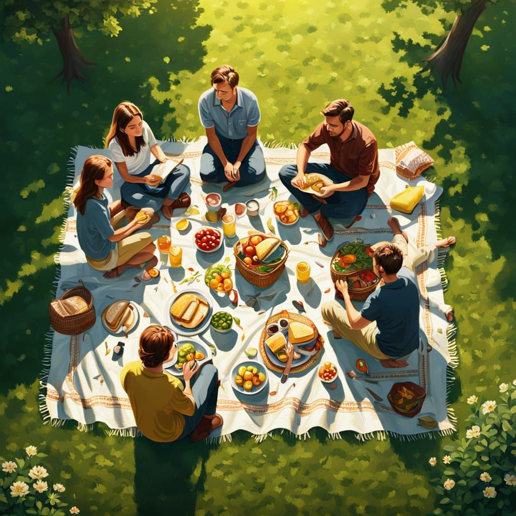 Bird's Eye View Picnic in Vibrant Oil Painting Style