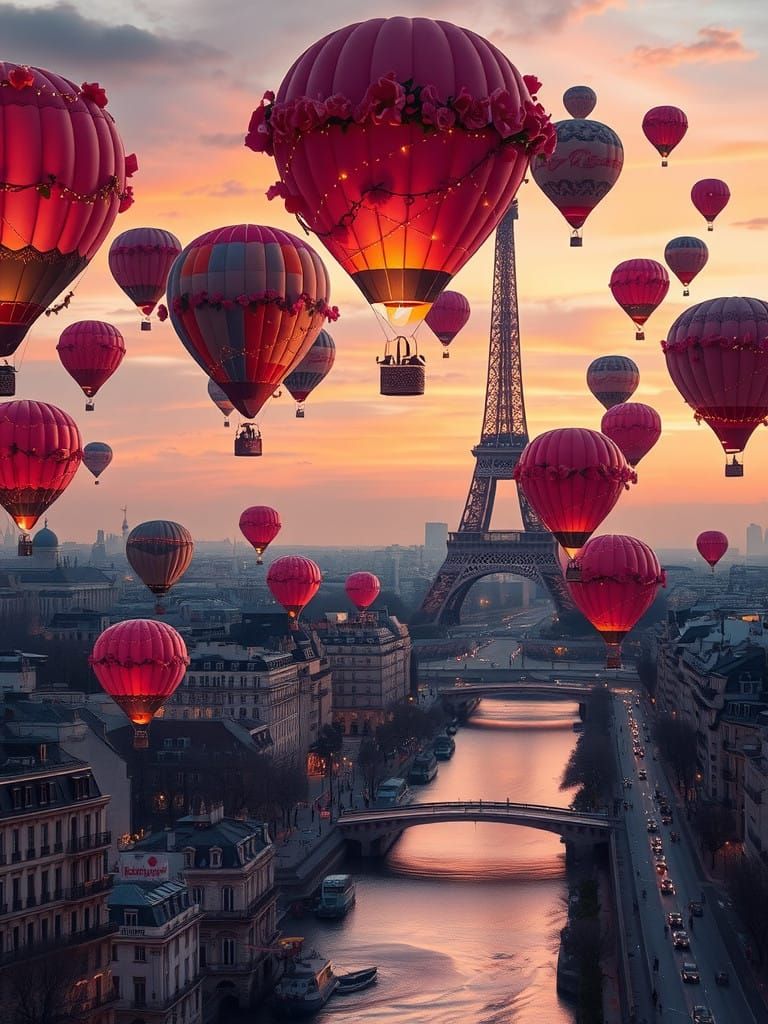 Romantic Parisian Cityscape with Hot Air Balloons and Eiffel...