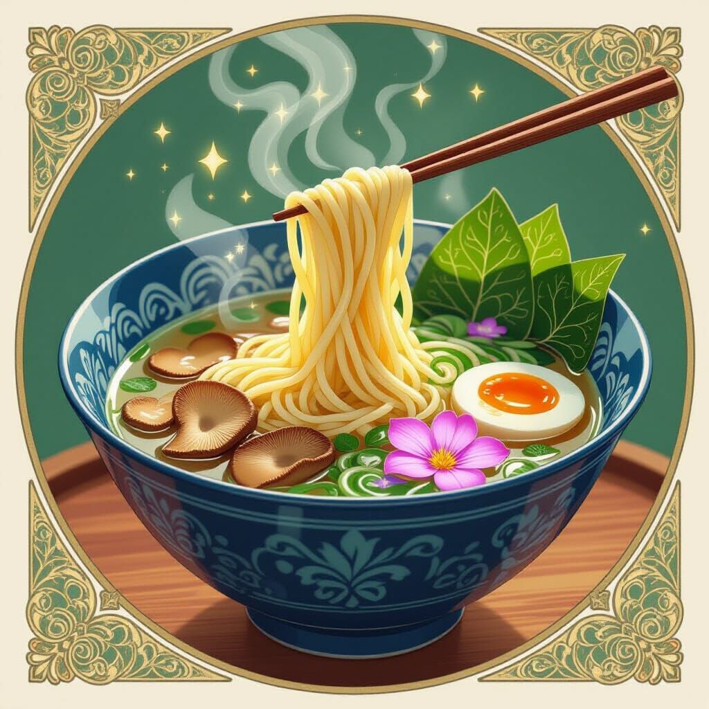 Bioluminescent Ramen Bowl Inspired by Alphonse Mucha
