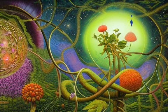 Passion Vine Woman on Stargazing Platform in Dreamlike Style