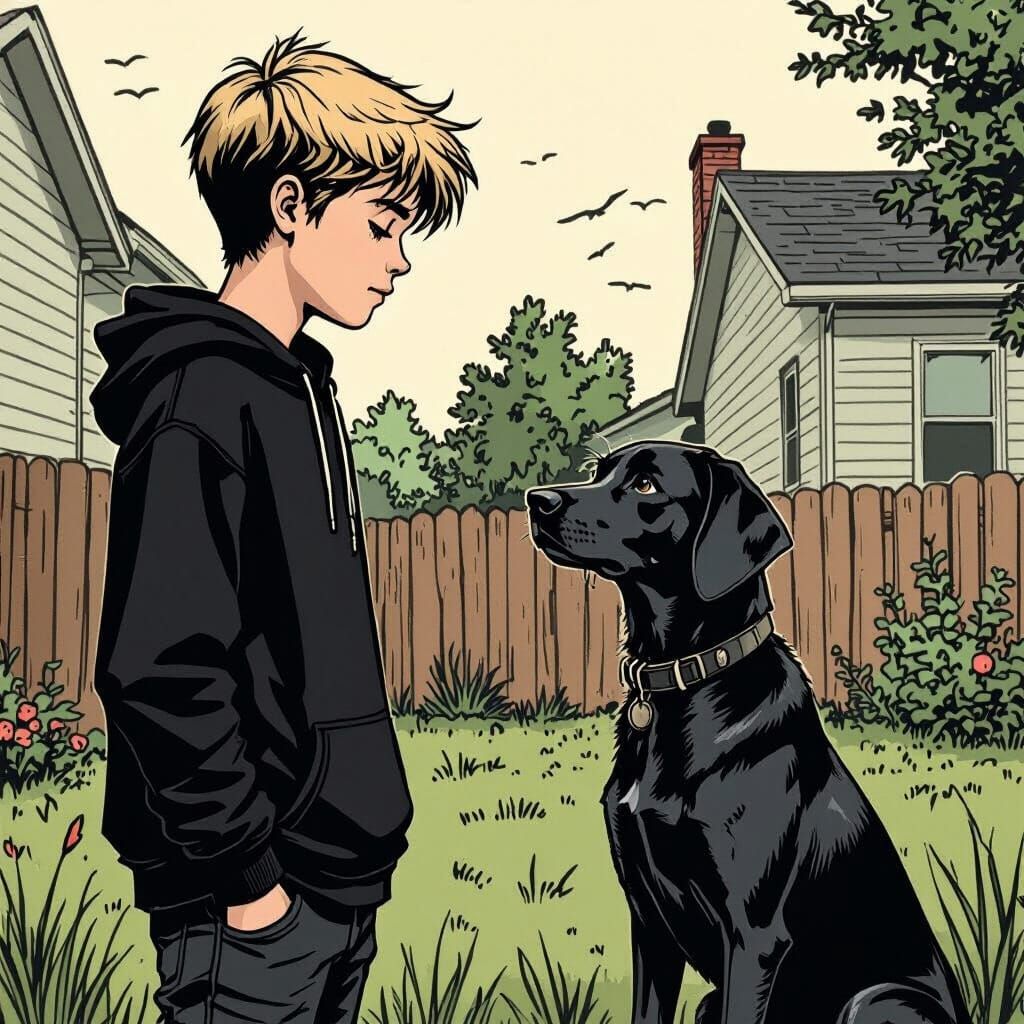 Hipster Teen and Dog in Noir Graphic Novel Style