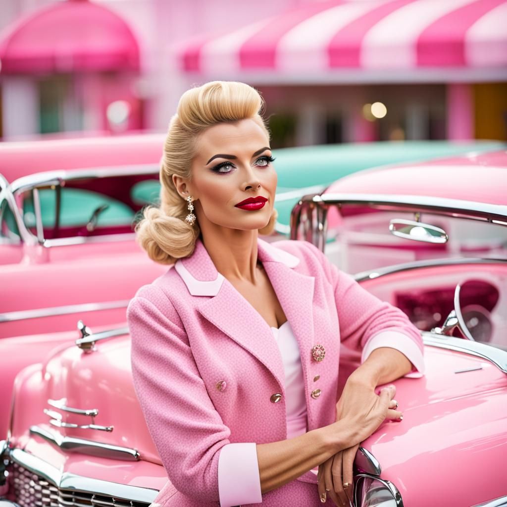 Blonde Woman in 1950s Style Posing with Cadillac