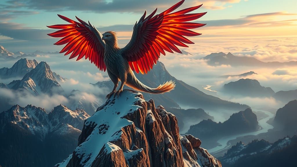 Griffin with Iridescent Feathers on Mountain Peak