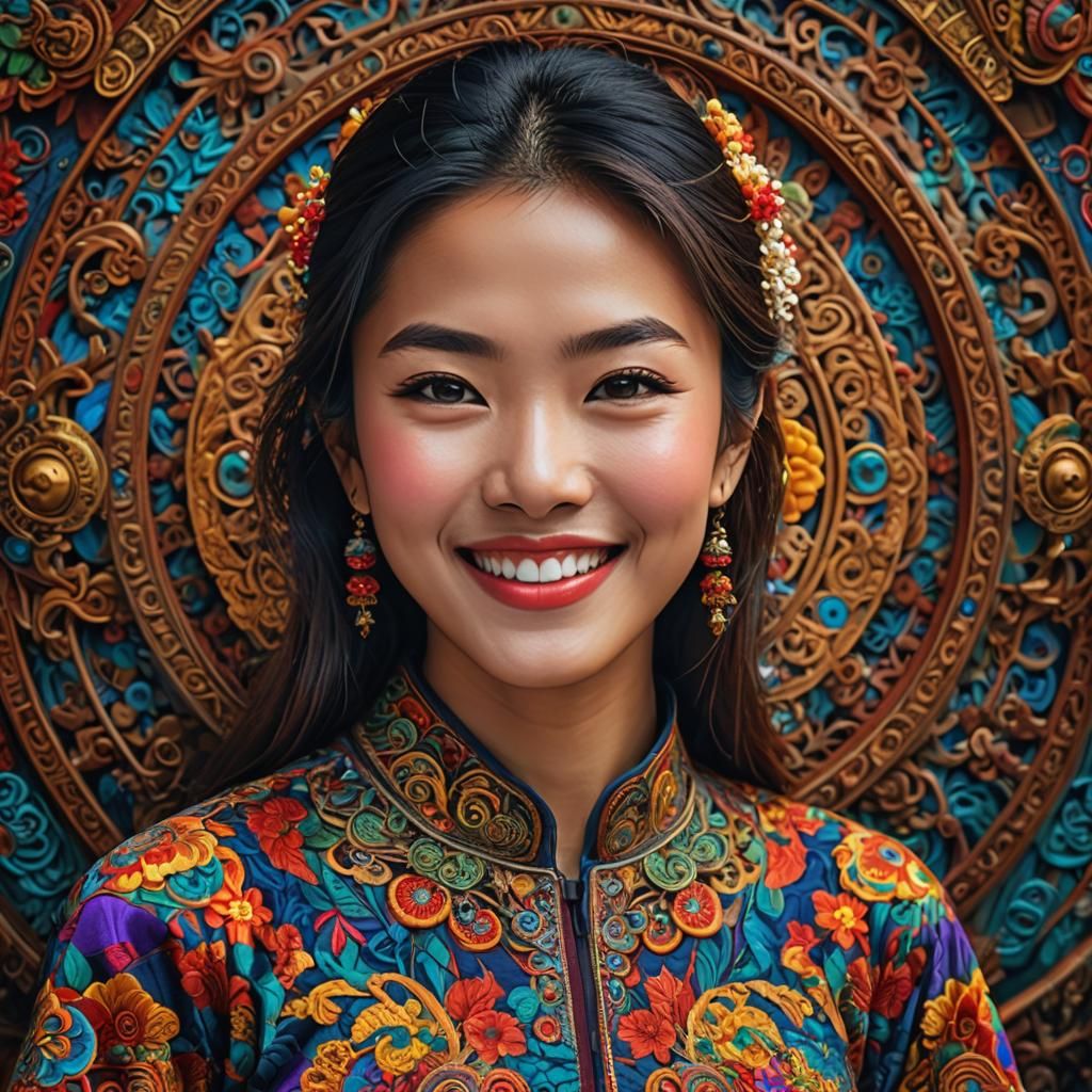 Beautiful Asian Woman Smiling: Hyperrealistic Colorful Portr...