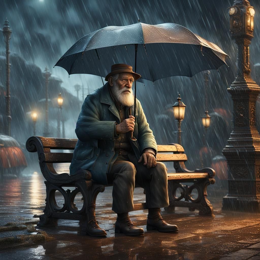 old man sat on a bench in a heavy rainstorm, holding an umbr...