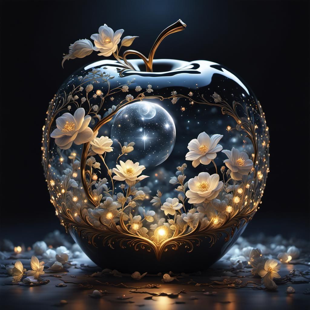 Crystal Apple with Flowers in Fantasy Landscape