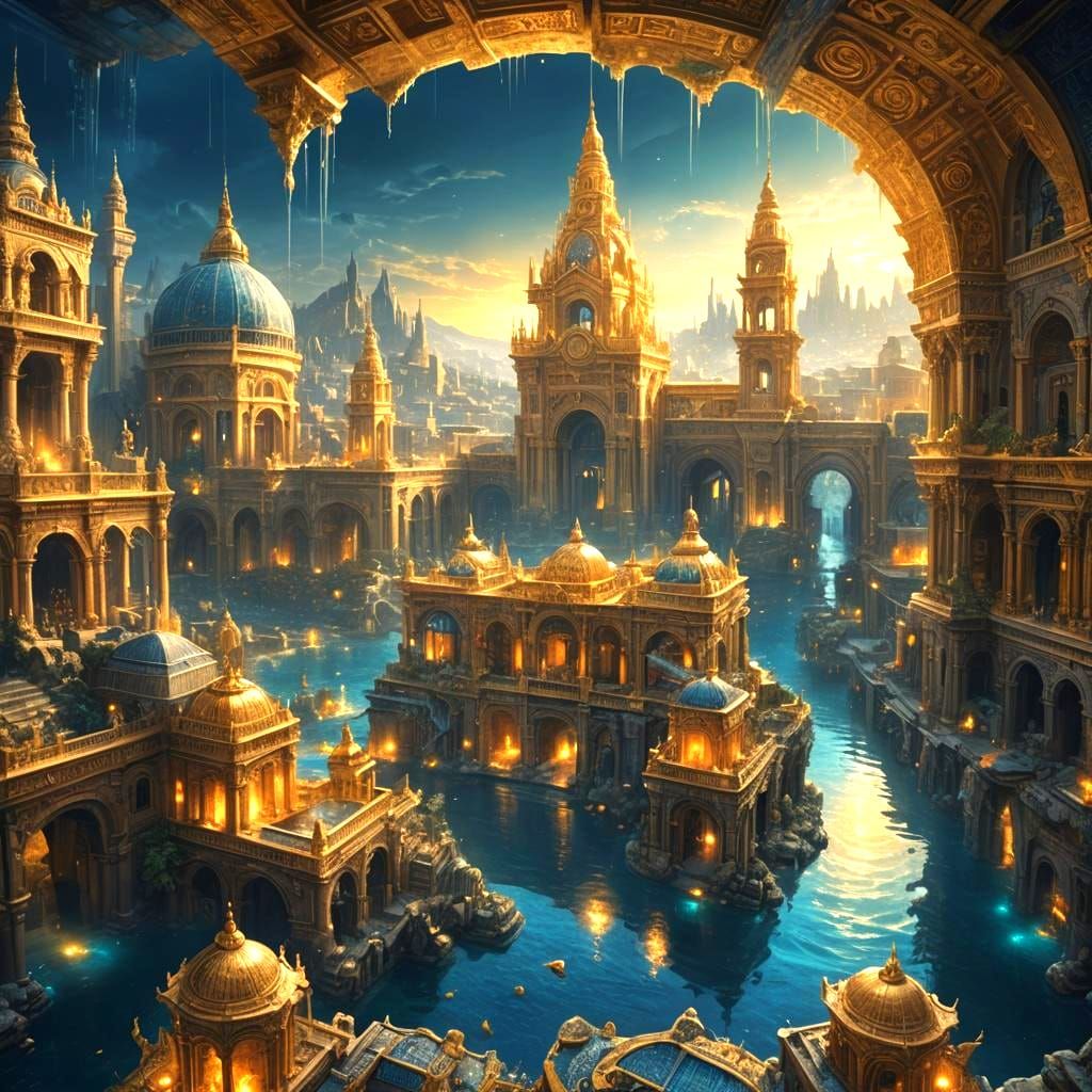 Blue Mythological City with Golden Accents