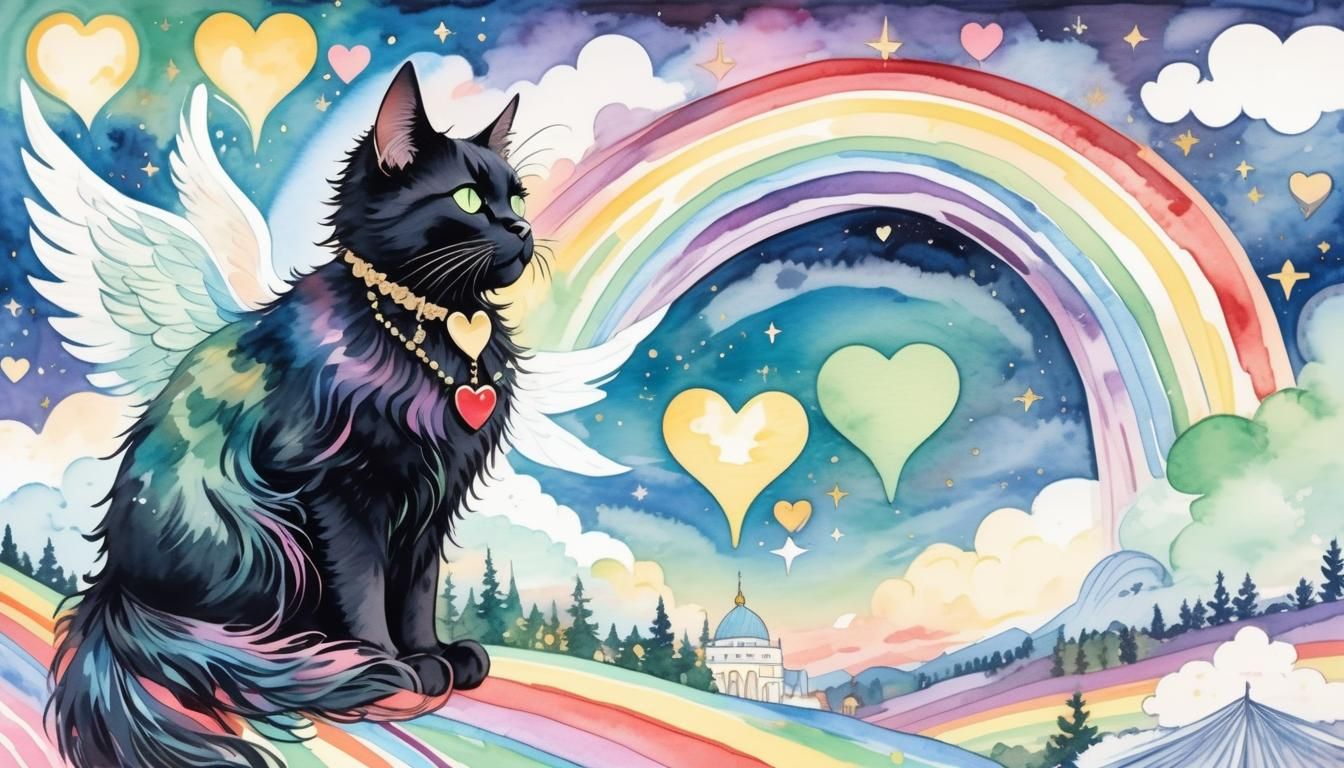 Whimsical Cat with Angel Wings, Watercolor Art