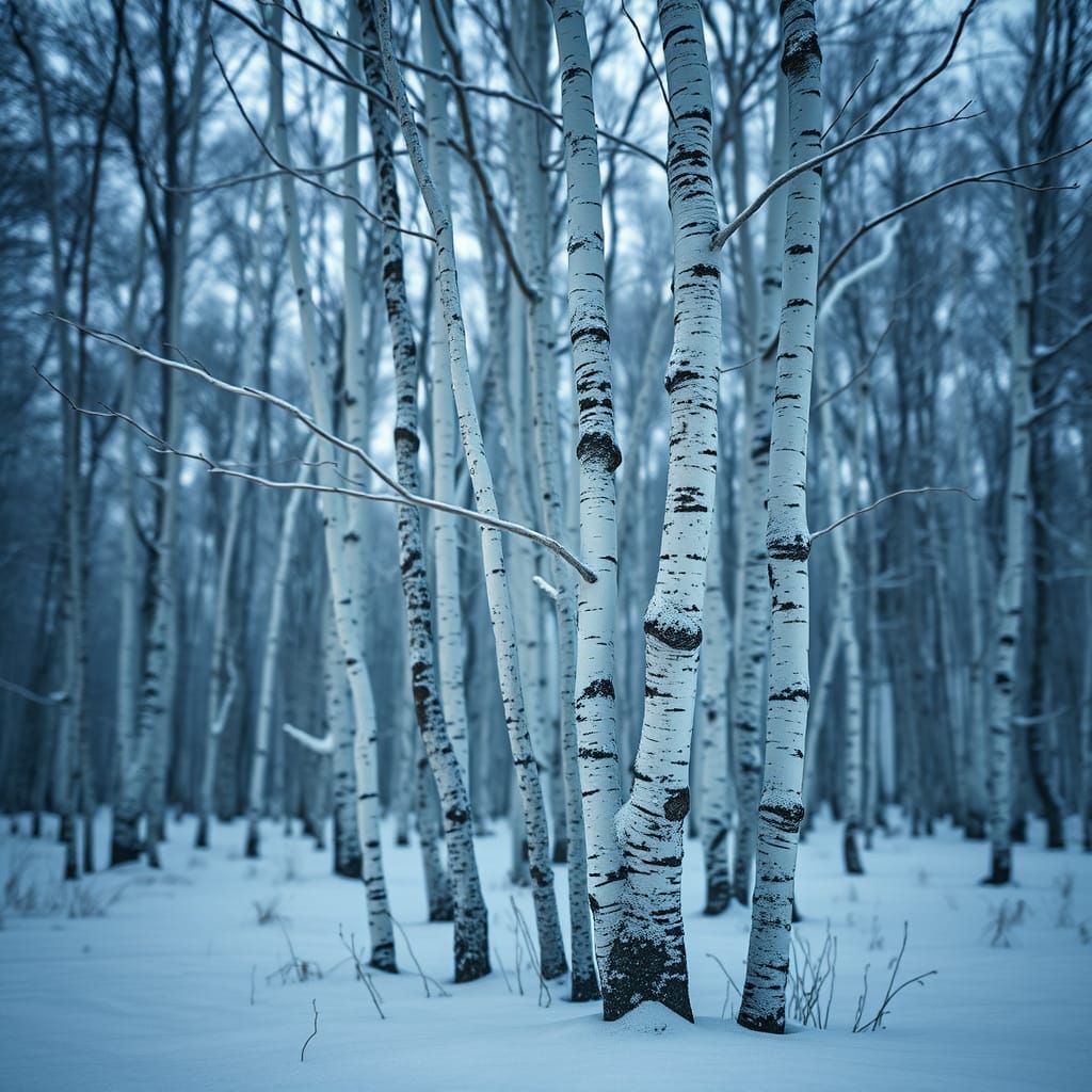 Surreal Winter Birches in Azure Snowscape