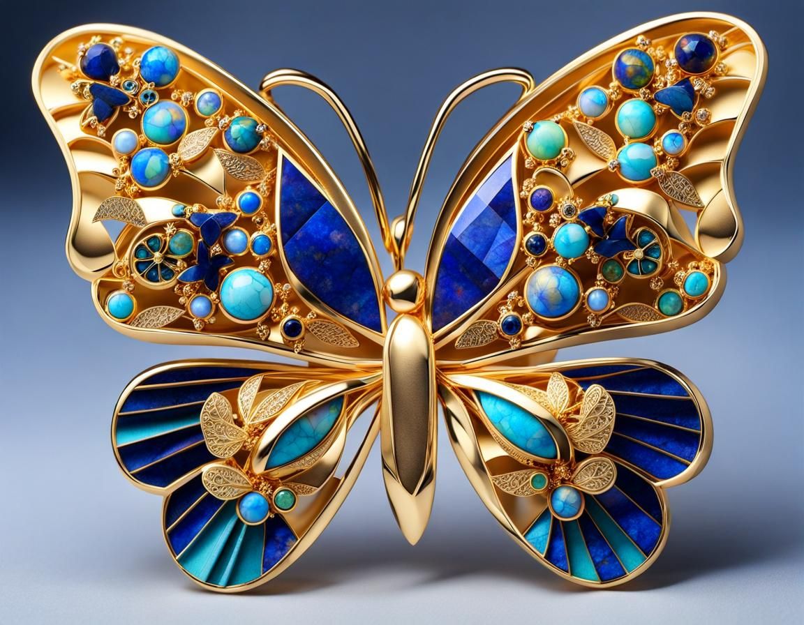 Gold Butterfly Brooch with Lapis and Opal