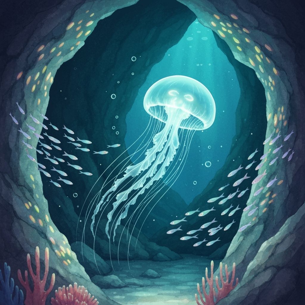 Bioluminescent Jellyfish in Deep-Sea Cave: Watercolor Art