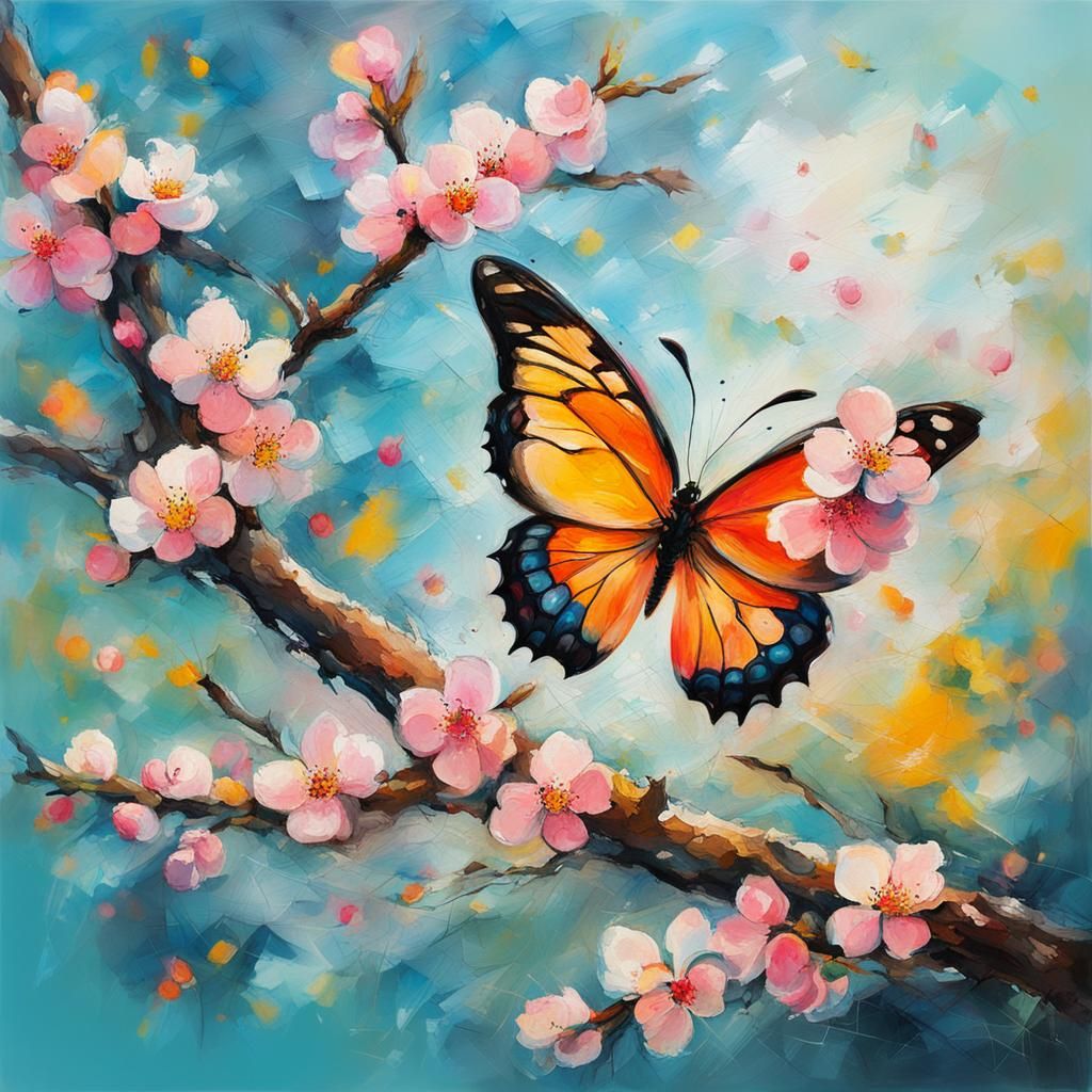 Butterfly on Peach Blossoms in Abstract Style