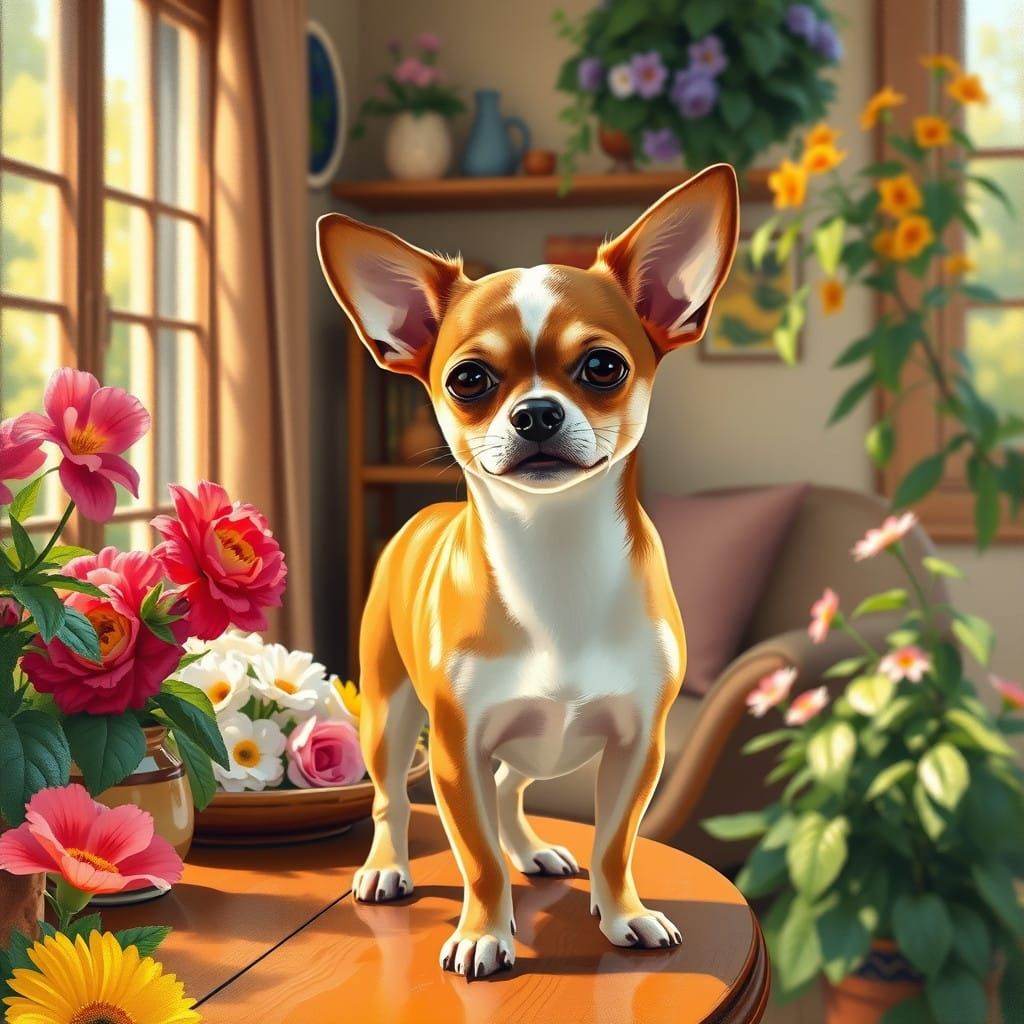 Whimsical Chihuahua in a Sunlit Garden - Impressionist-Inspi...