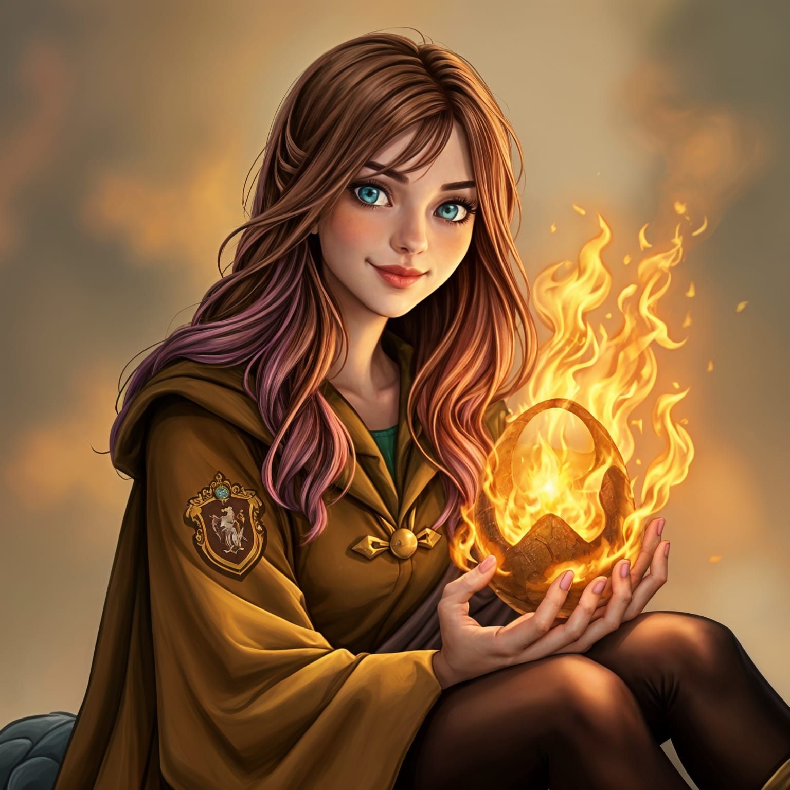 Surreal Hufflepuff Goddess Holds Blazing Dragon Egg