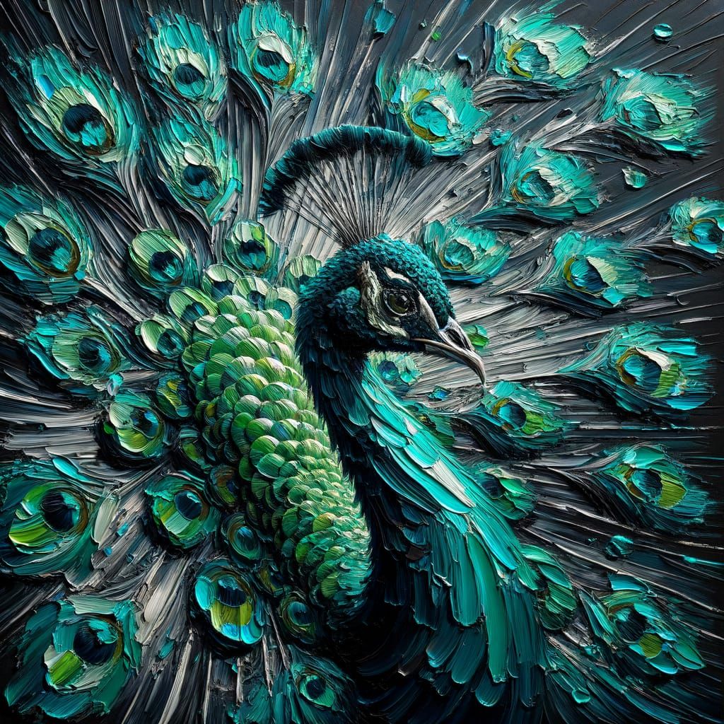 Iridescent Peacock Feathers in Impasto Painting Style