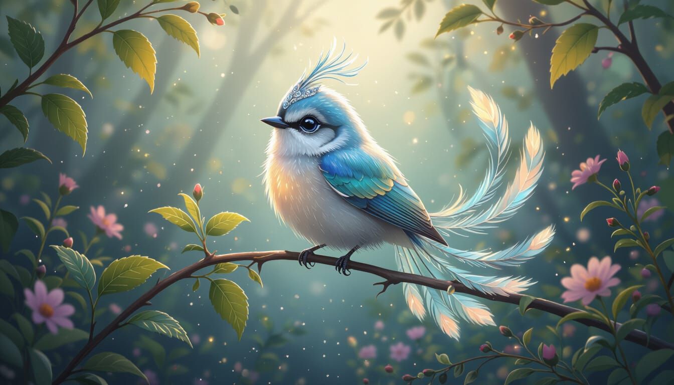 Magical Bird Chandni on Branch in Fairytale Forest