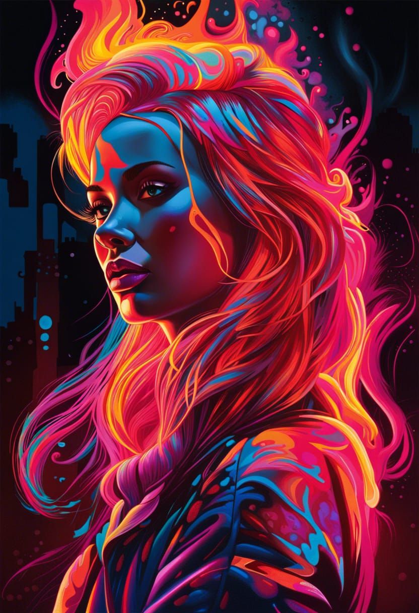 Neon Blue Flames Graffiti Art of a Woman