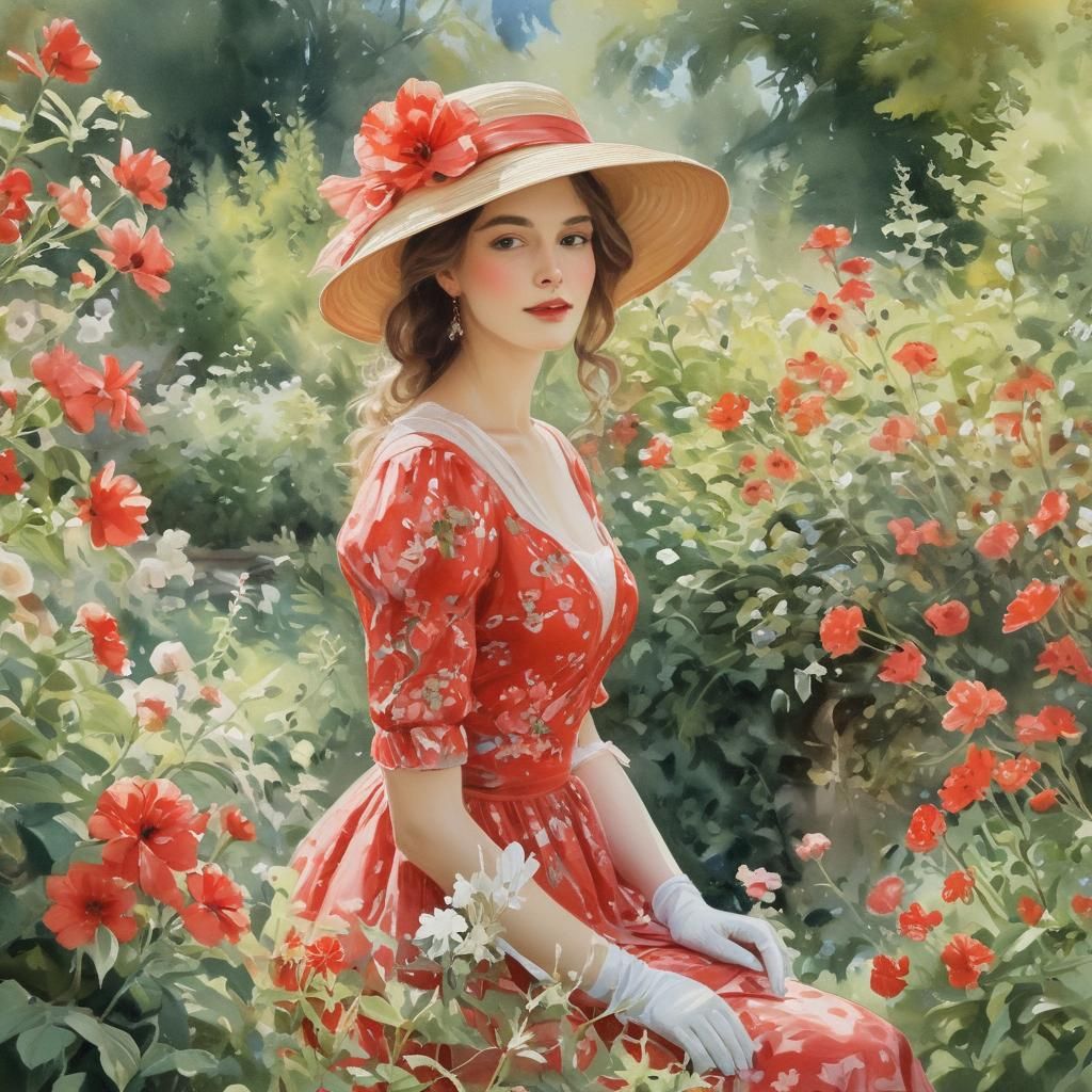 Elegant Watercolor Portrait of a Woman in Garden
