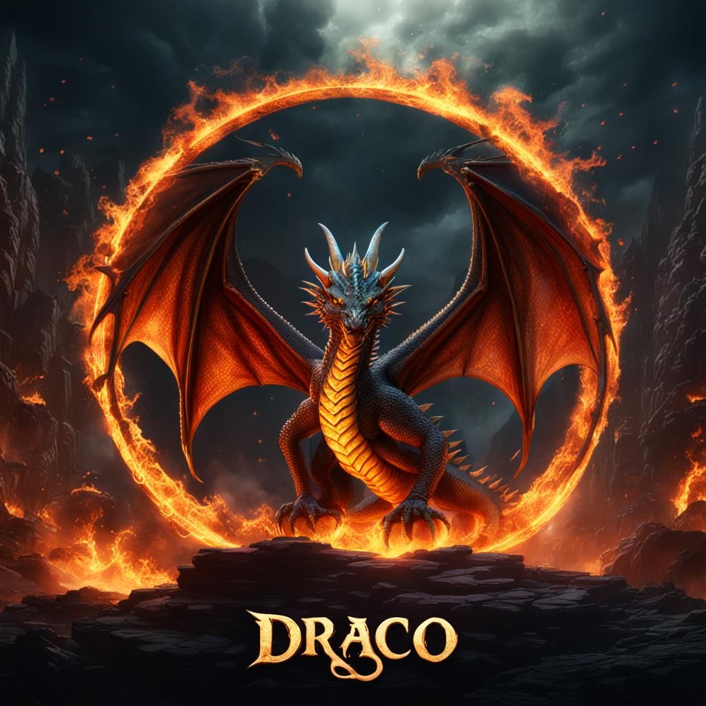 Fiery Dragon with Draco Text in Fantasy Art Style