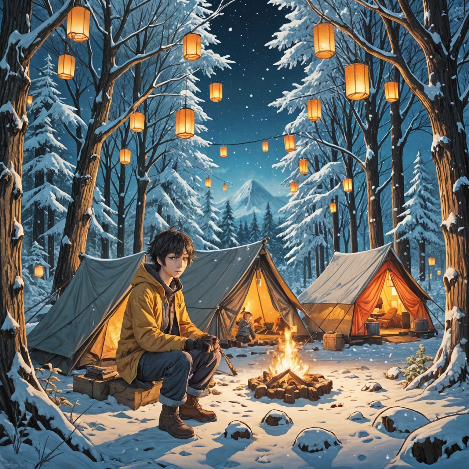 Warm Winter Scene in Japanese Manga Style