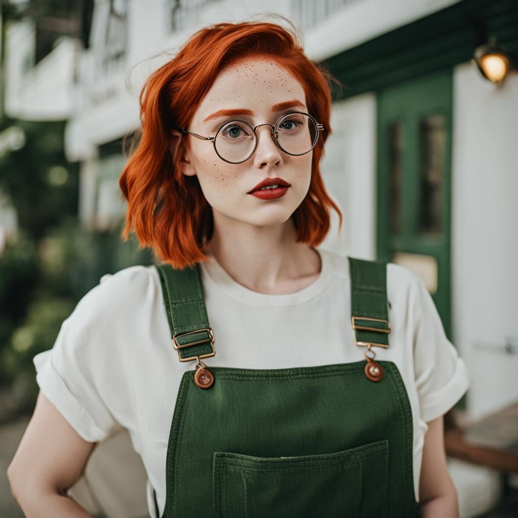 Girl with Red Hair, Freckles, and Green Overalls