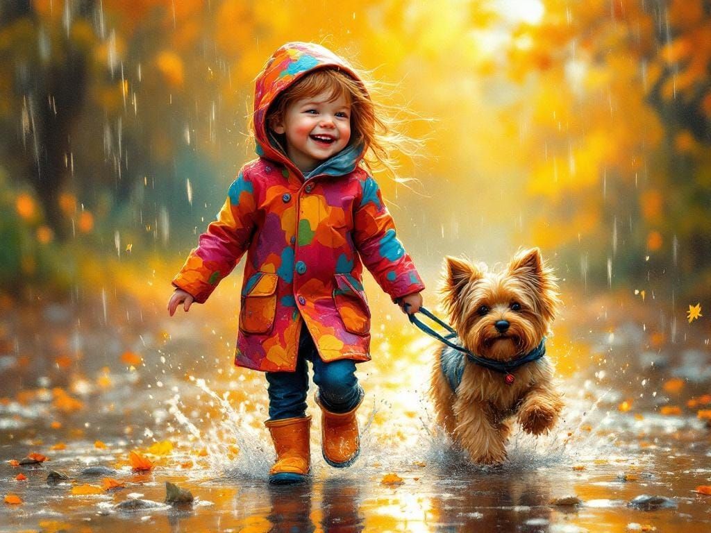 Joyful Toddler and Yorkie in Summer Rain, Impasto Oil Painti...