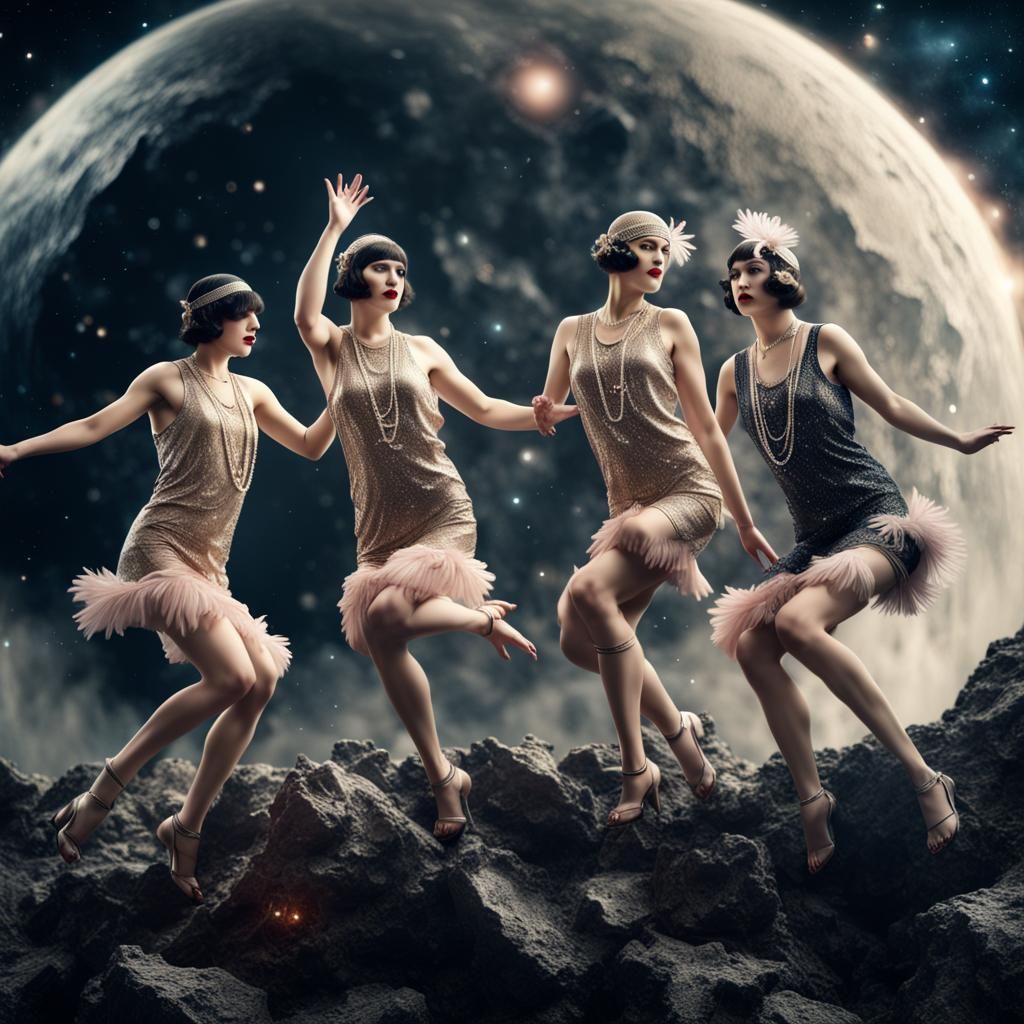 Flapper Girls Dancing on Asteroid in Space