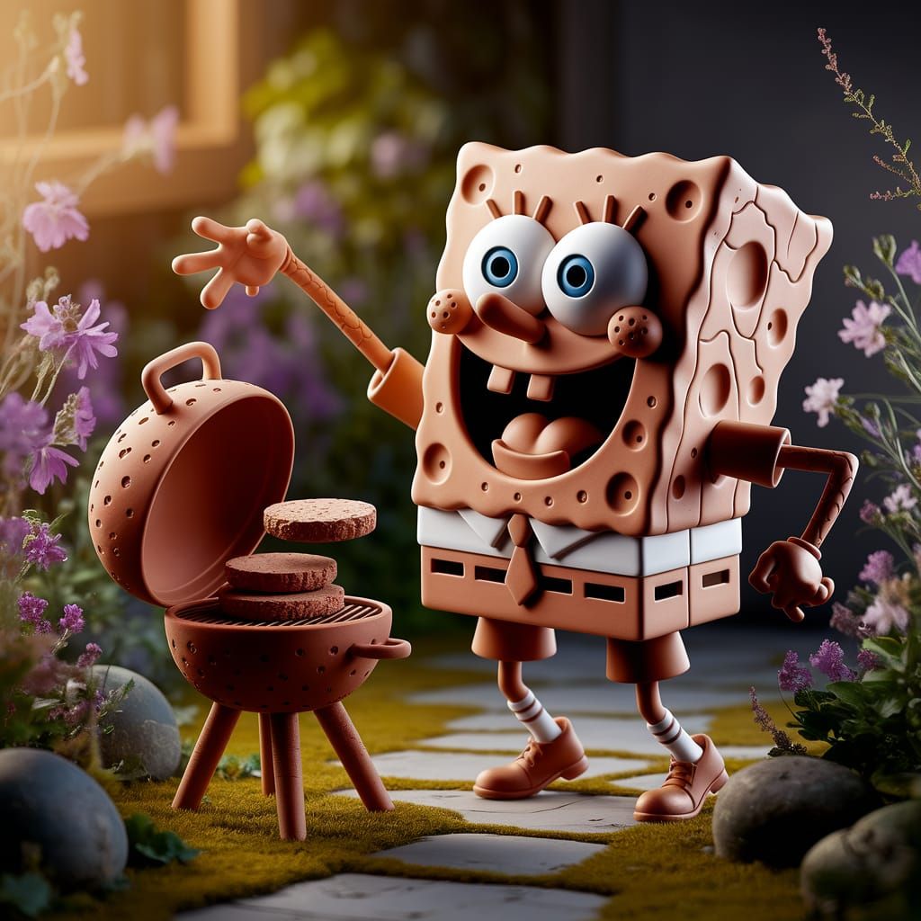 Terracotta Sculpture of SpongeBob Flipping Krabby Patties
