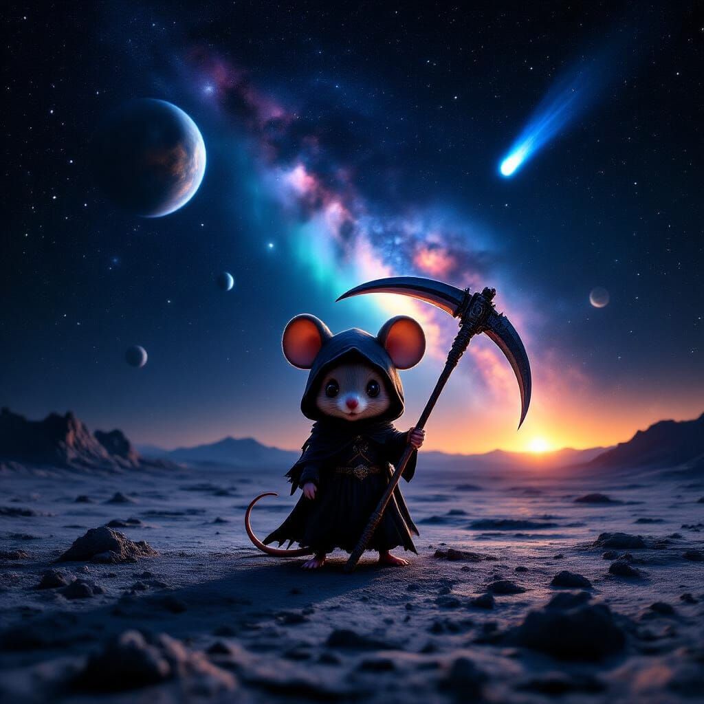Chibi Mouse Reaper on Moon, Cosmic Night Sky