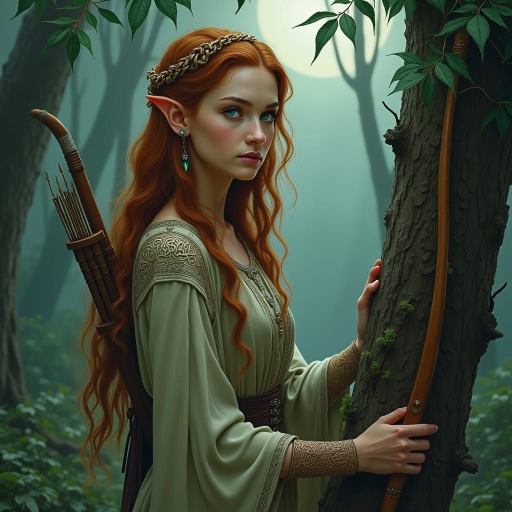 Regal Celtic Elf in Moonlit Forest