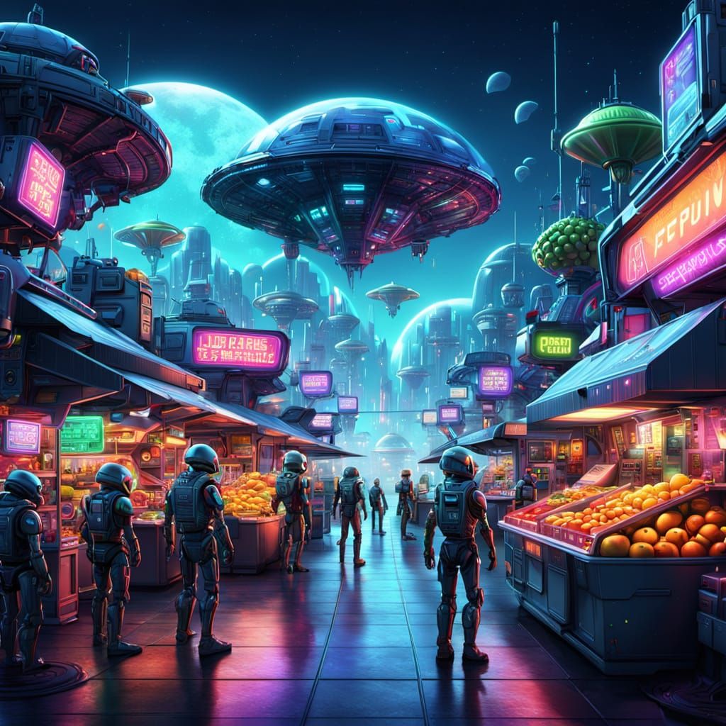 Alien Marketplace on Tech Planet in Pixar Style