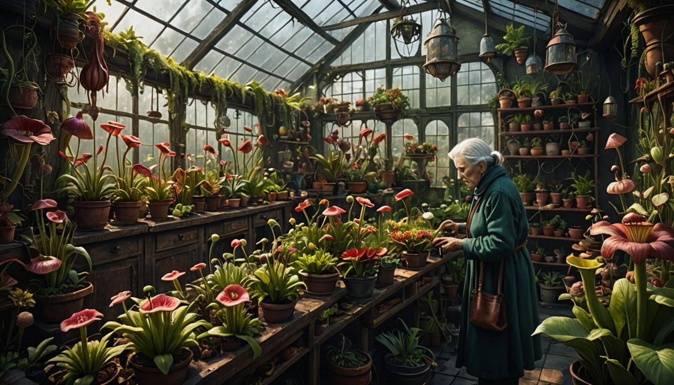 Old Woman and Carnivorous Plants: Detailed Matte Painting