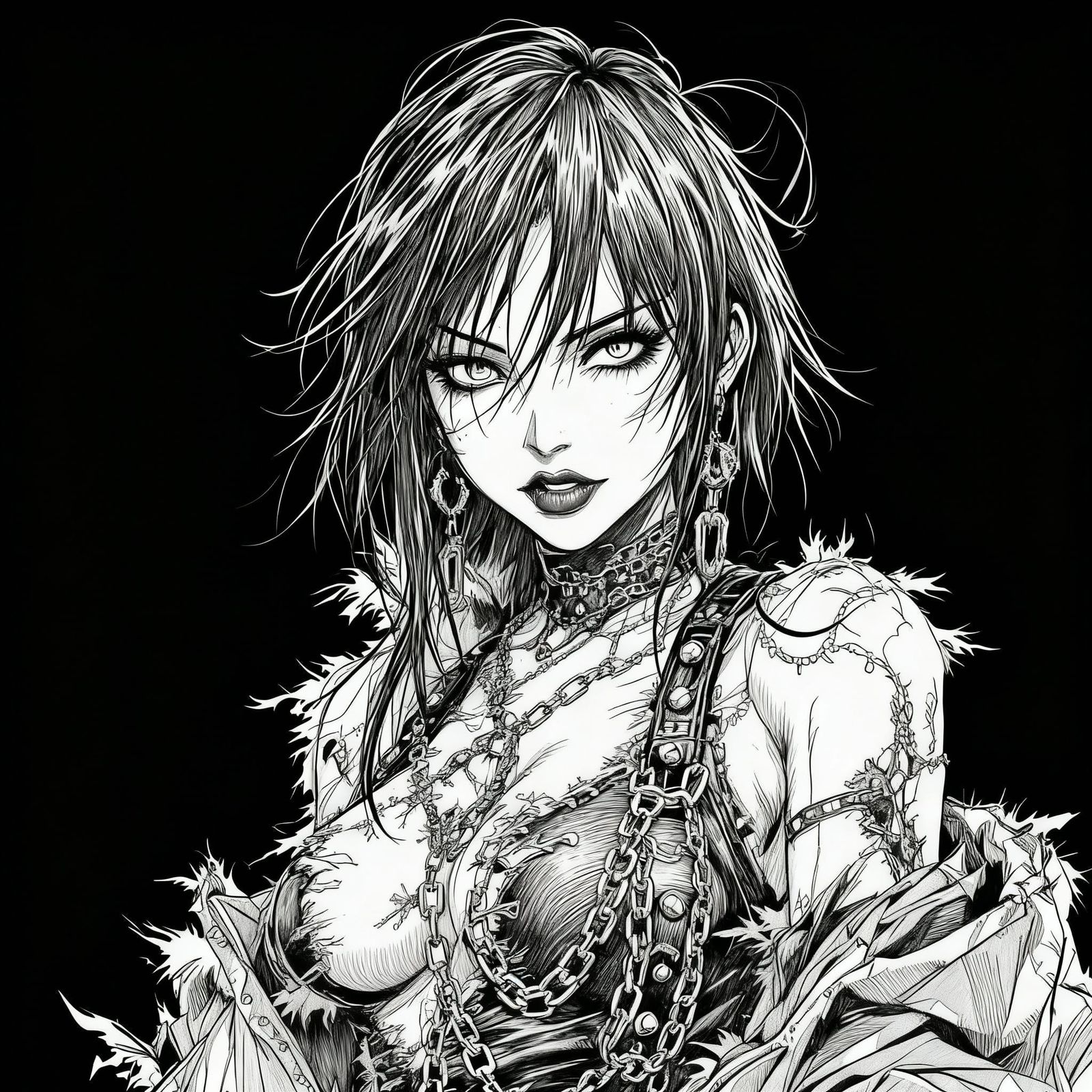 Anime Punk Witch in Dynamic Black & White Manga Style