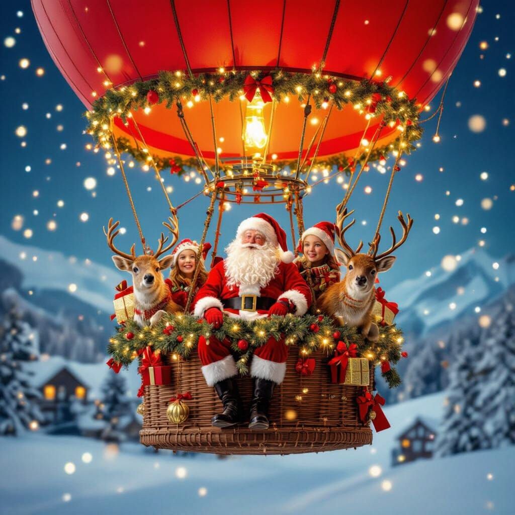 Photorealistic Christmas Hot Air Balloon with Santa and Elve...