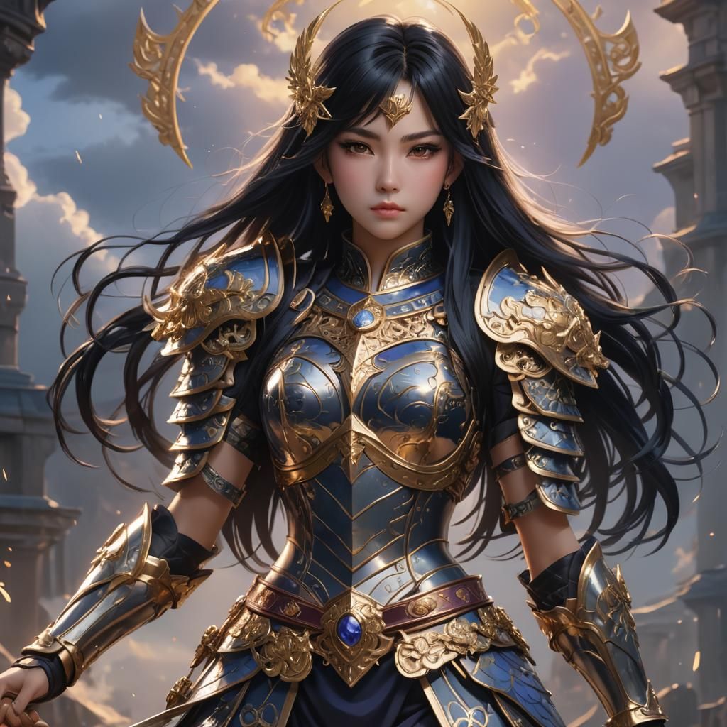Woman in Ornate Armor: Anime-Inspired 3D Art