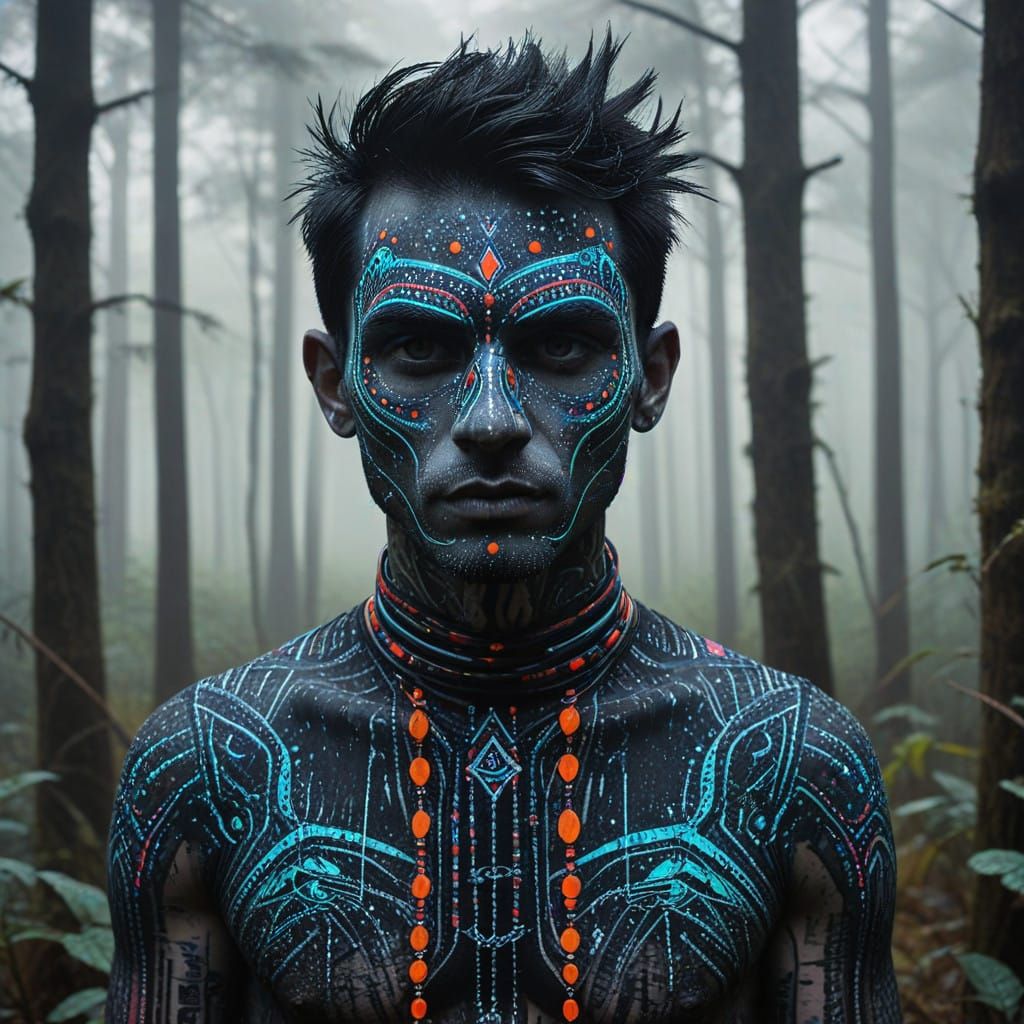 Cyberpunk Stranger in a Foggy Forest, Madhubani Painting Sty...