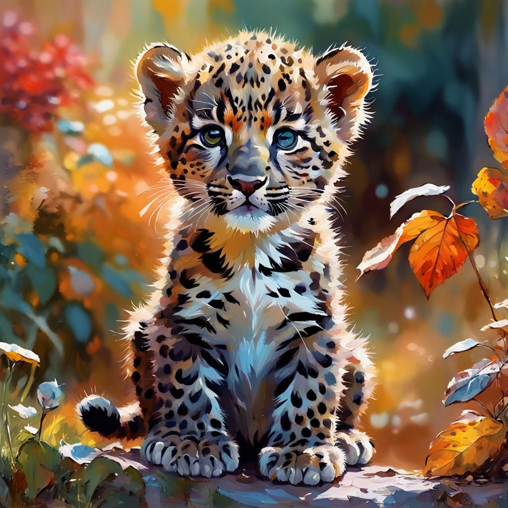 Whimsical Leopard Cub in Autumn Garden Fantasy Art