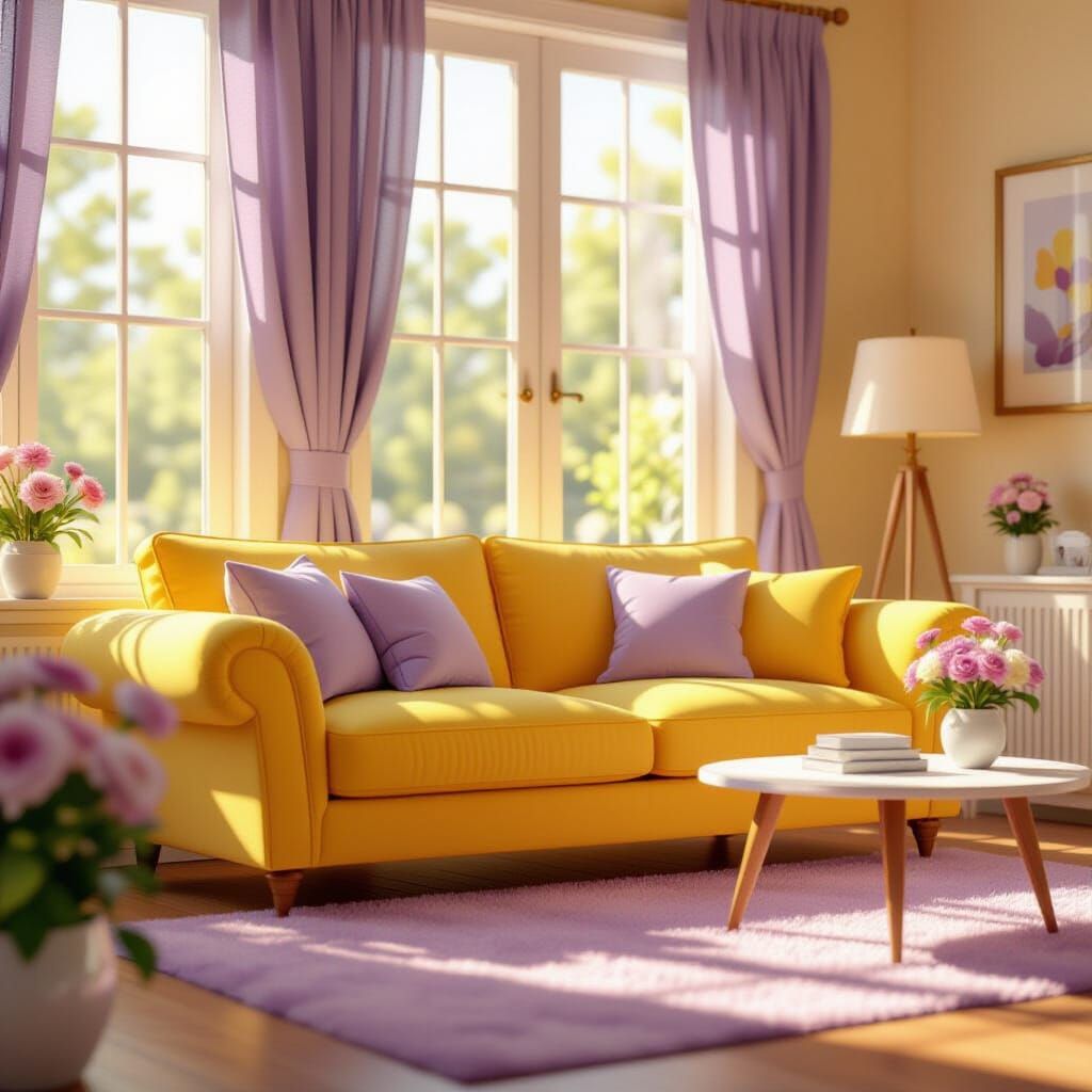 Serene Yellow and Lavender Living Room in Pixar Style