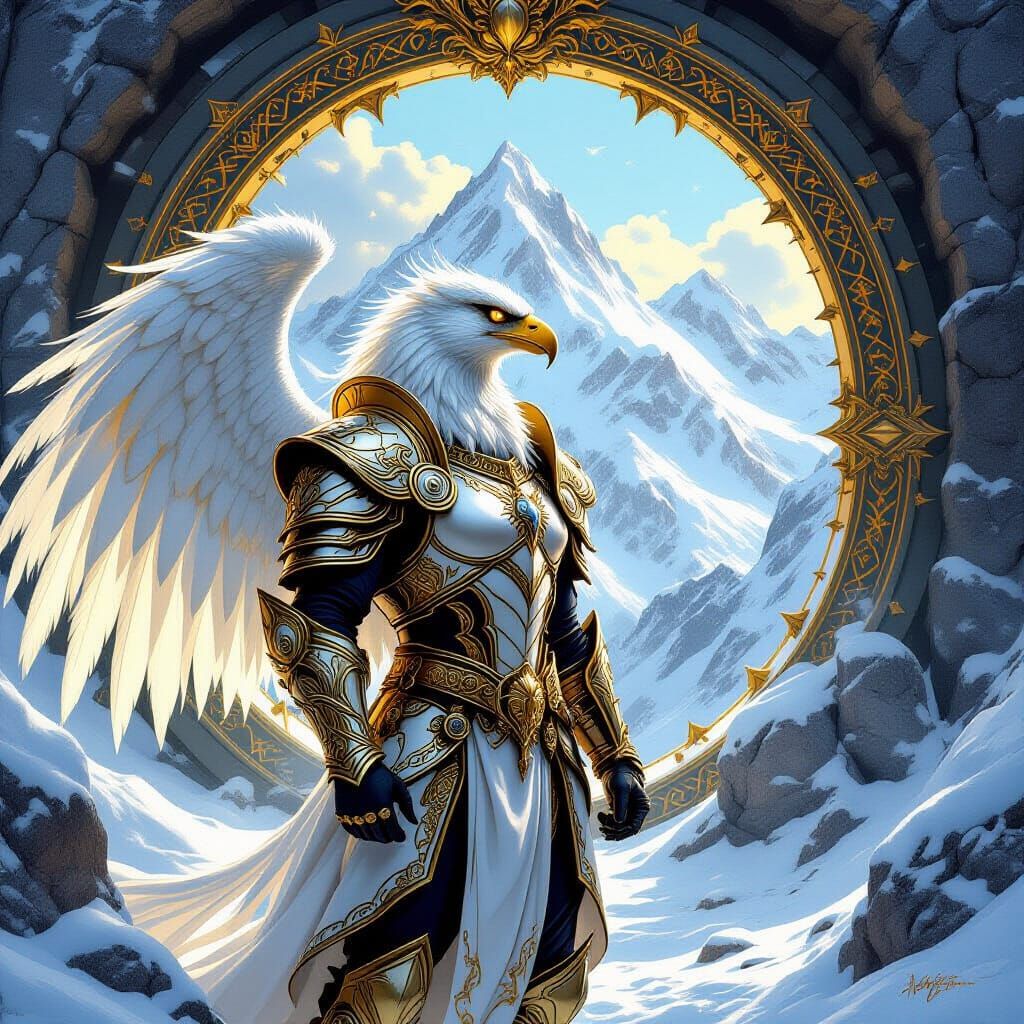 Armored Griffin Guarding Mountain Portal