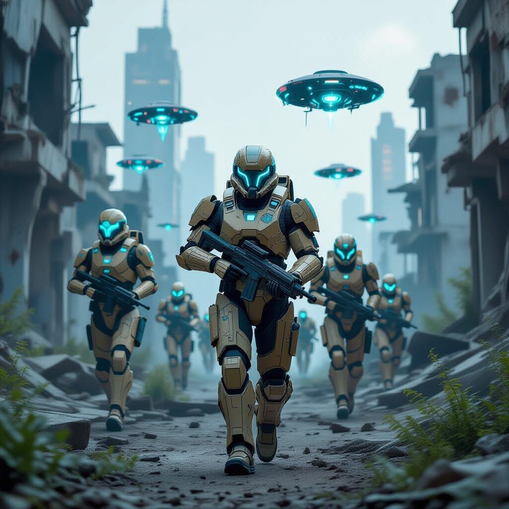 Futuristic Troopers in Ruined City, Cyberpunk Style