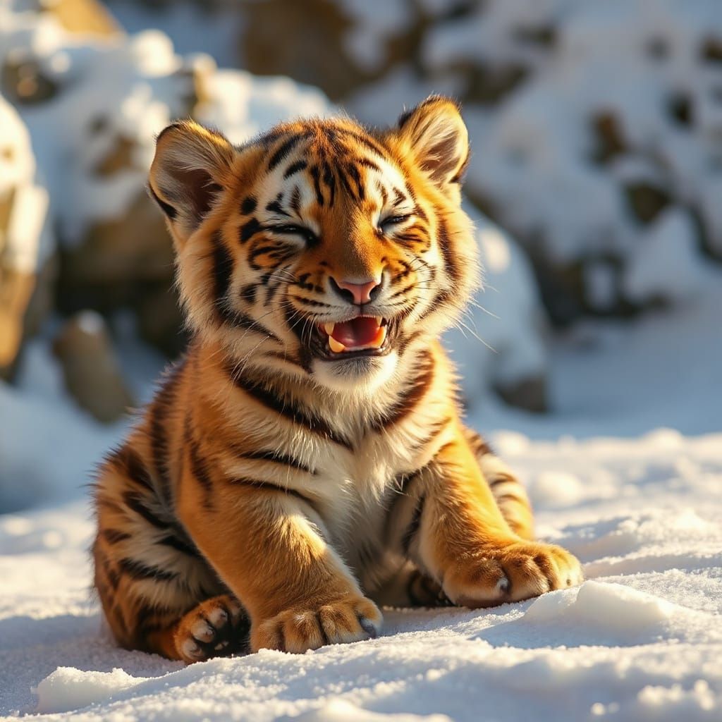 Joyful Tiger Cub Smiling in Snowy Sunlight