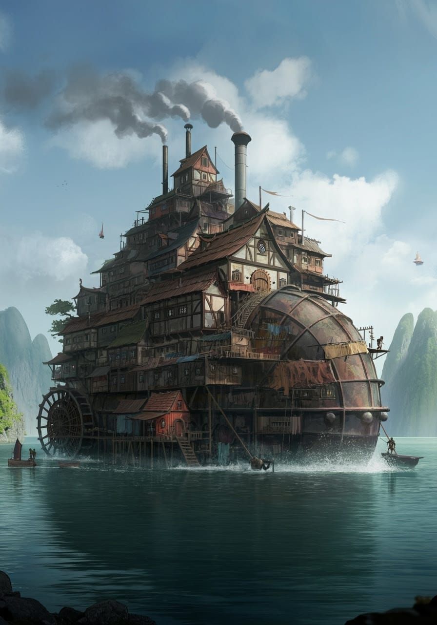 Fantasy Water World Slum Village Steampunk Concept Art