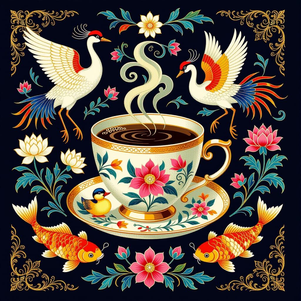 Steaming Coffee Cup Tapestry with Cranes and Koi