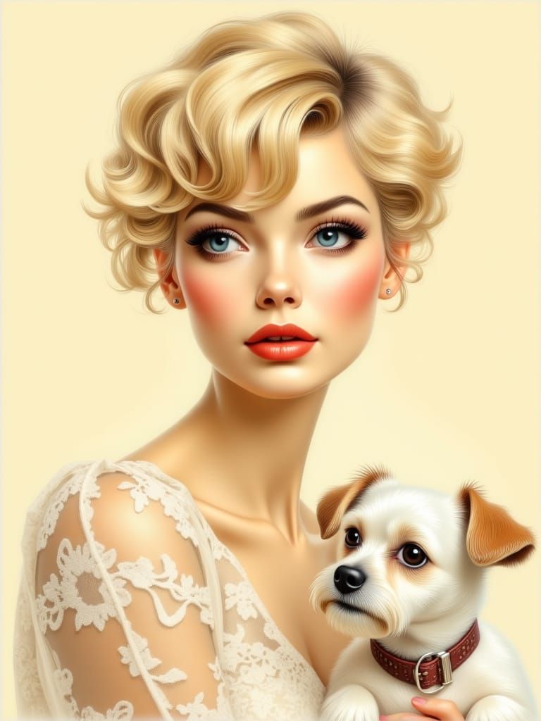 Ethereal Woman with Fluffy Dog in Pastel Pencil Style