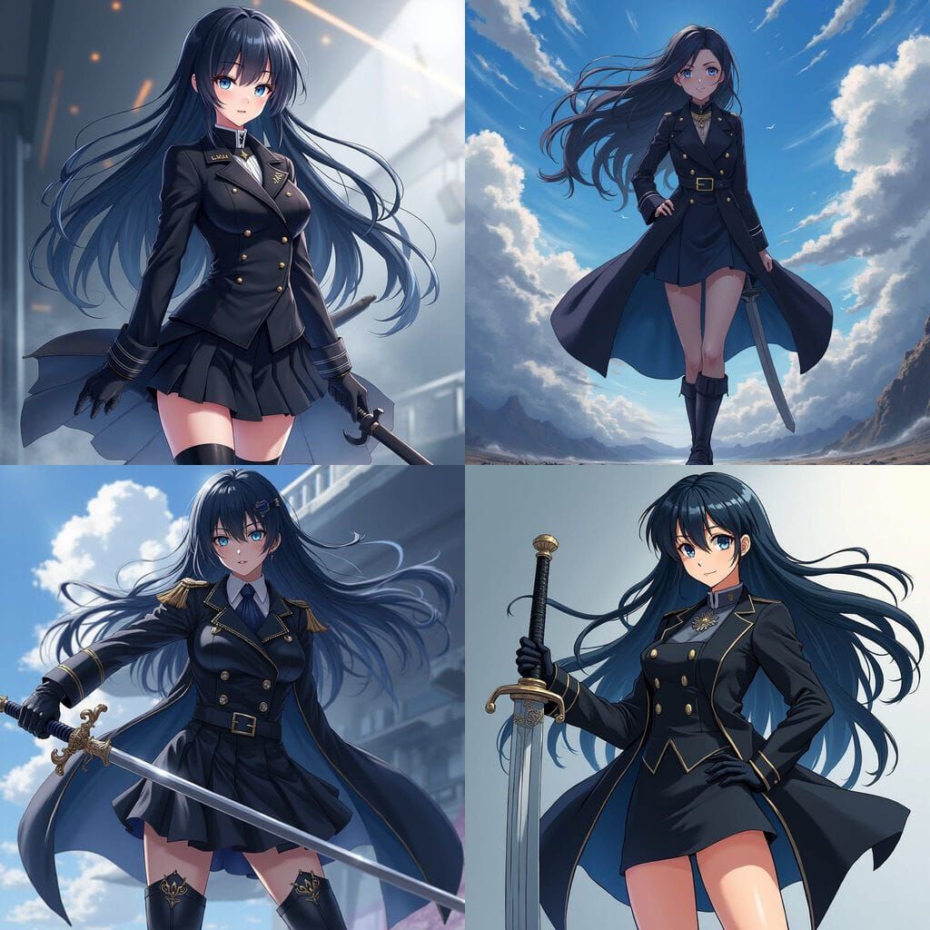 Anime Female Admiral in Black Uniform with Sword