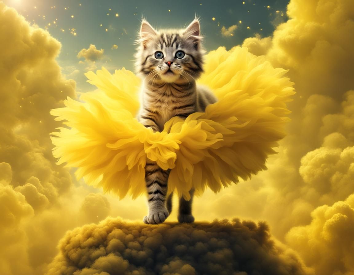 Kitten in Tutu Dancing on Yellow Clouds