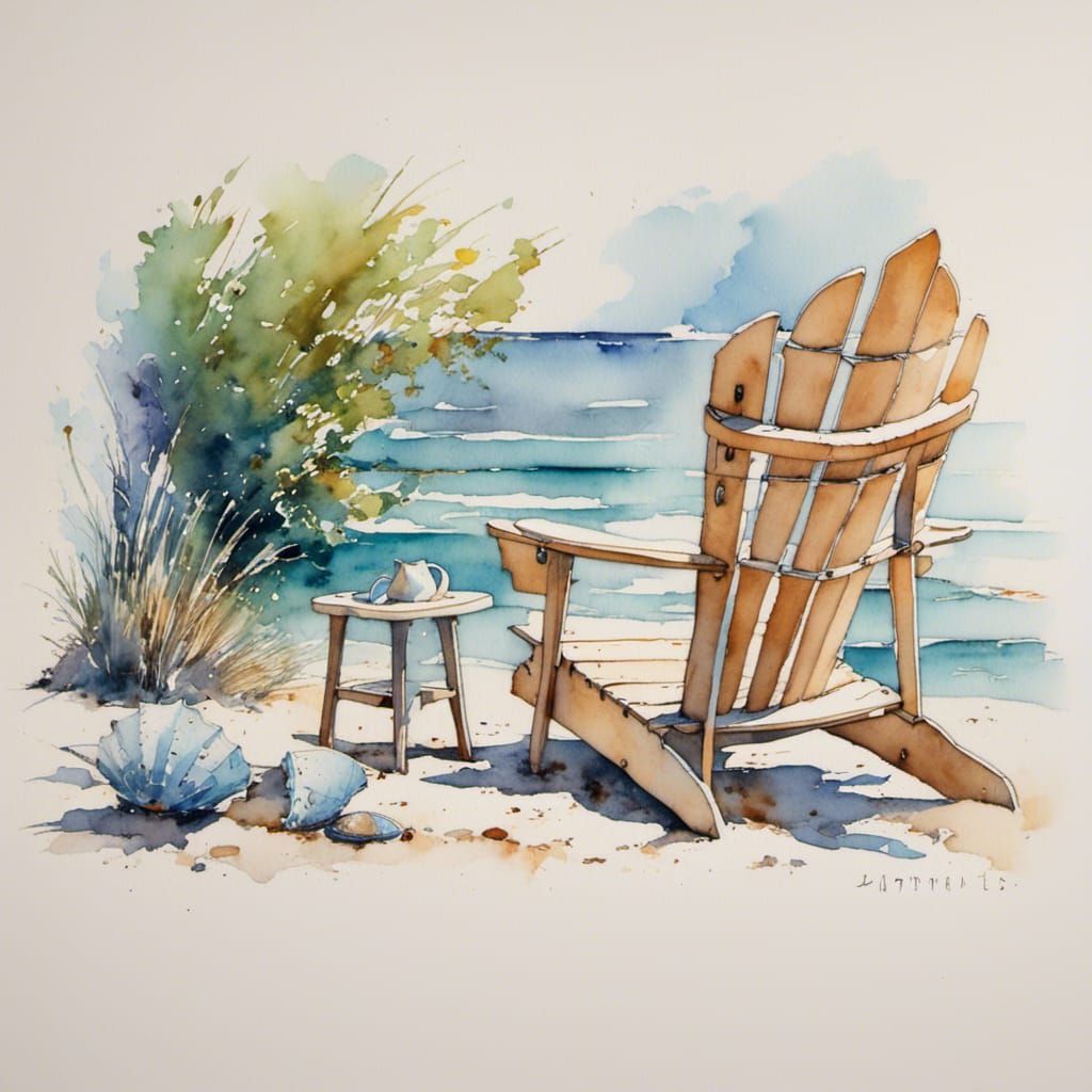 Watercolor Beach Cottage with Adirondack Chair