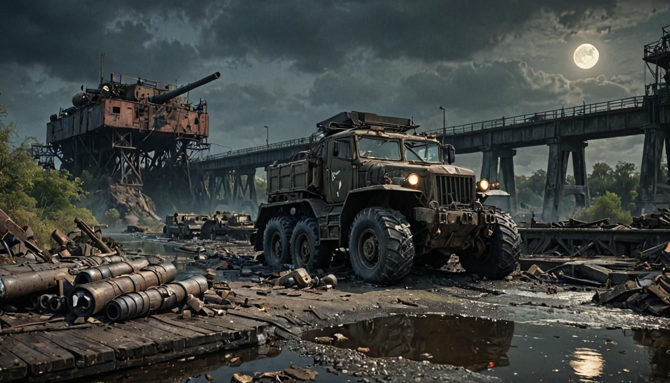 Dieselpunk Artillery Gun on Ruined Wasteland Bridge